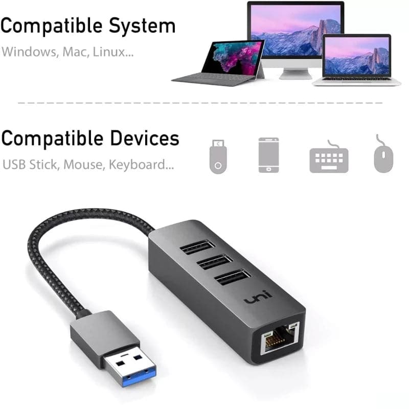 Hub USB 3.0 Multipuertos USB con adaptador de red Rj45 ethernet