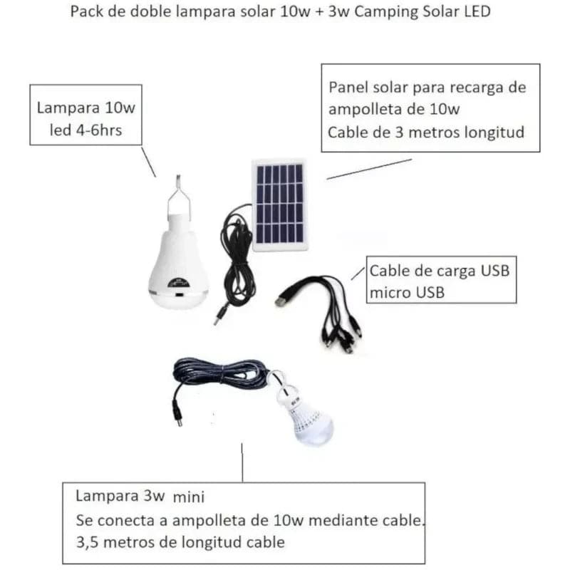 Kit panel solar + 2 bombillos portátil recargable liviana