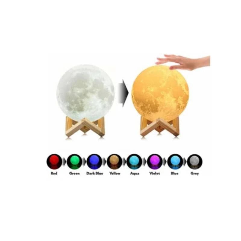 Lámpara con forma de luna 15 cm 3d y luz led de colores + base de madera