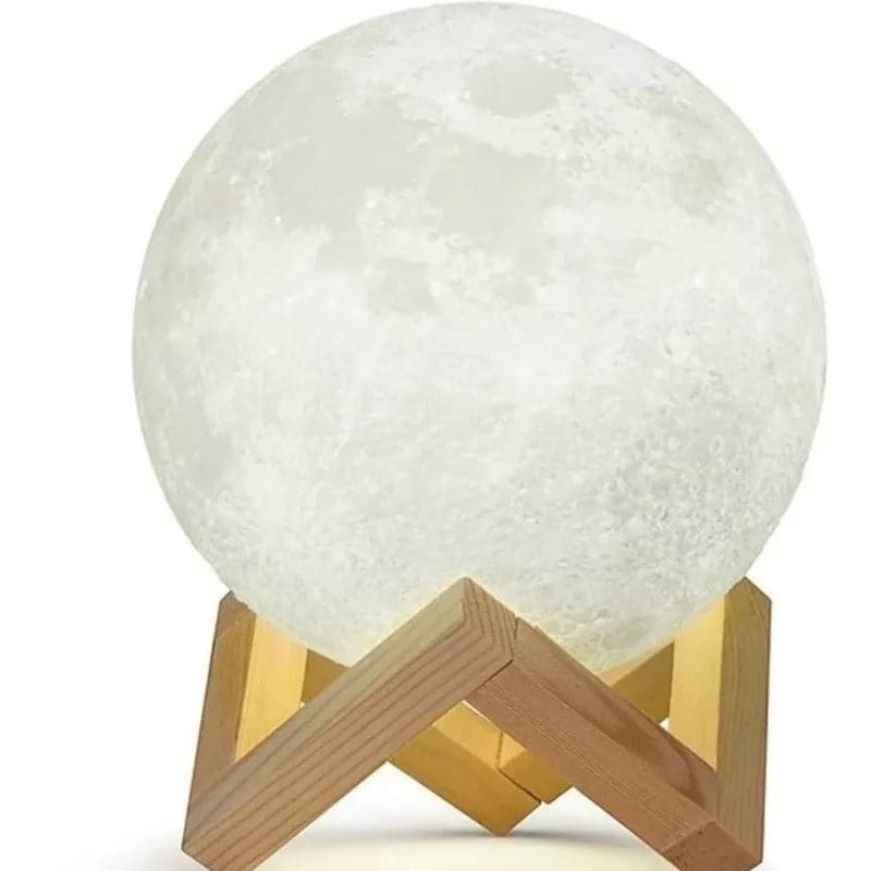 Lámpara con forma de luna 15 cm 3d y luz led de colores + base de madera