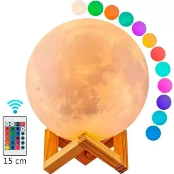 Lámpara con forma de luna 15 cm 3d y luz led de colores + base de madera