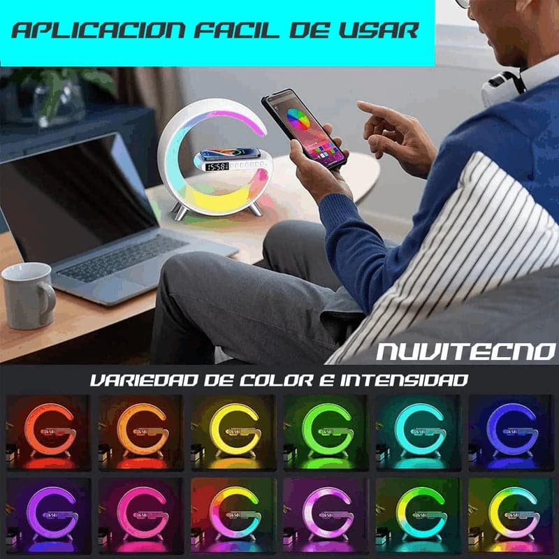 Lampara rgb con parlante bluetooth y despertador con carga inalámbrica para teléfonos