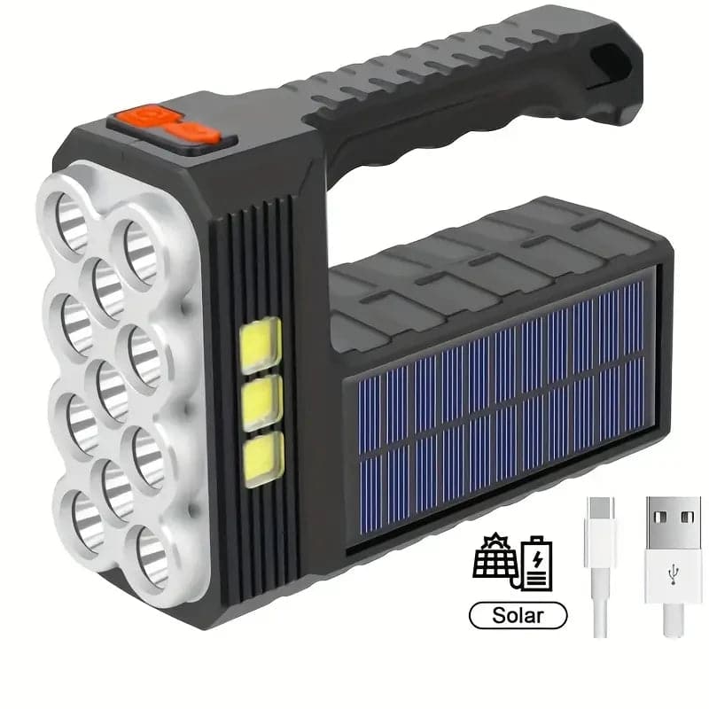 Linterna portátil con luz led brillante y recargable por panel solar y USB