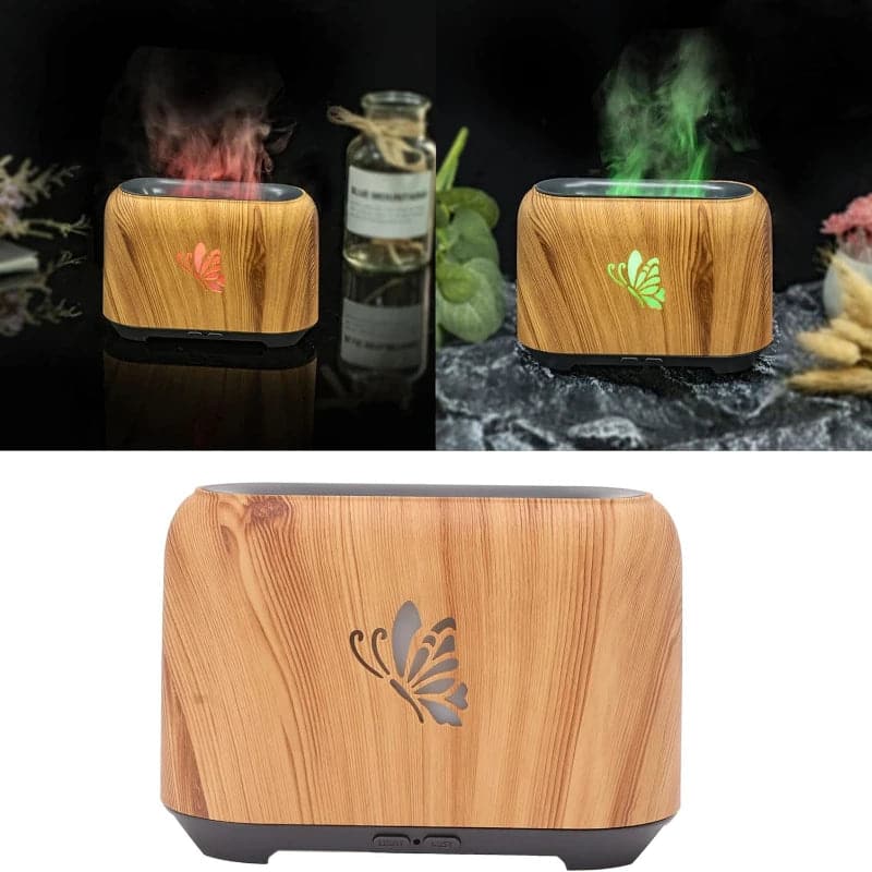 humidificador de madera con efecto de llamas y diseño de mariposa