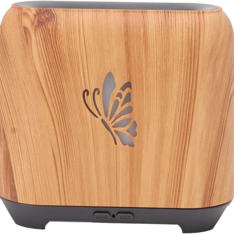 humidificador de madera con efecto de llamas y diseño de mariposa