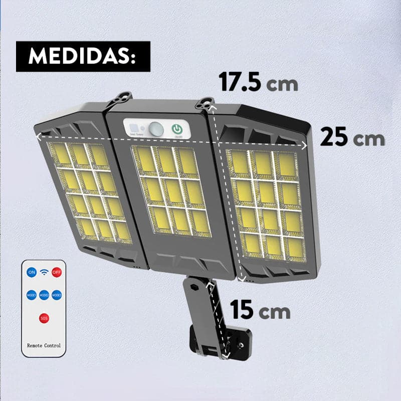 Foco LED Solar 3 Caras Plegables Con Sensor De Movimiento Y Control