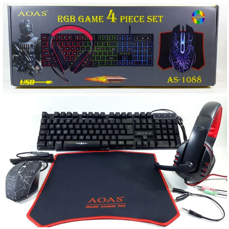 Kit Gamer Audífonos, Teclado, Mouse Y Mouse Pad AS-1088 AOAS